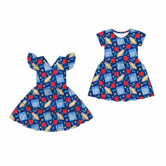 4.17 custom each style moq 5eta 4-6week Sibling Sister back to school baby girls clothes Short sleeve dress 1 and dress 2 match family design