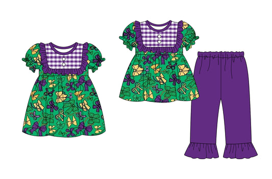 25.9.16 custom each style moq 5eta 6-8week Sibling Sisters mardi gras bow purple baby girl short sleeve pants sets and dress match family design