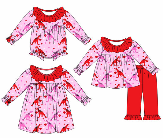 25.9.6 custom each style moq 5eta 4-6week Sibling Sisters dinosaur love baby girl long sleeve pants sets and dress and rompers match family design