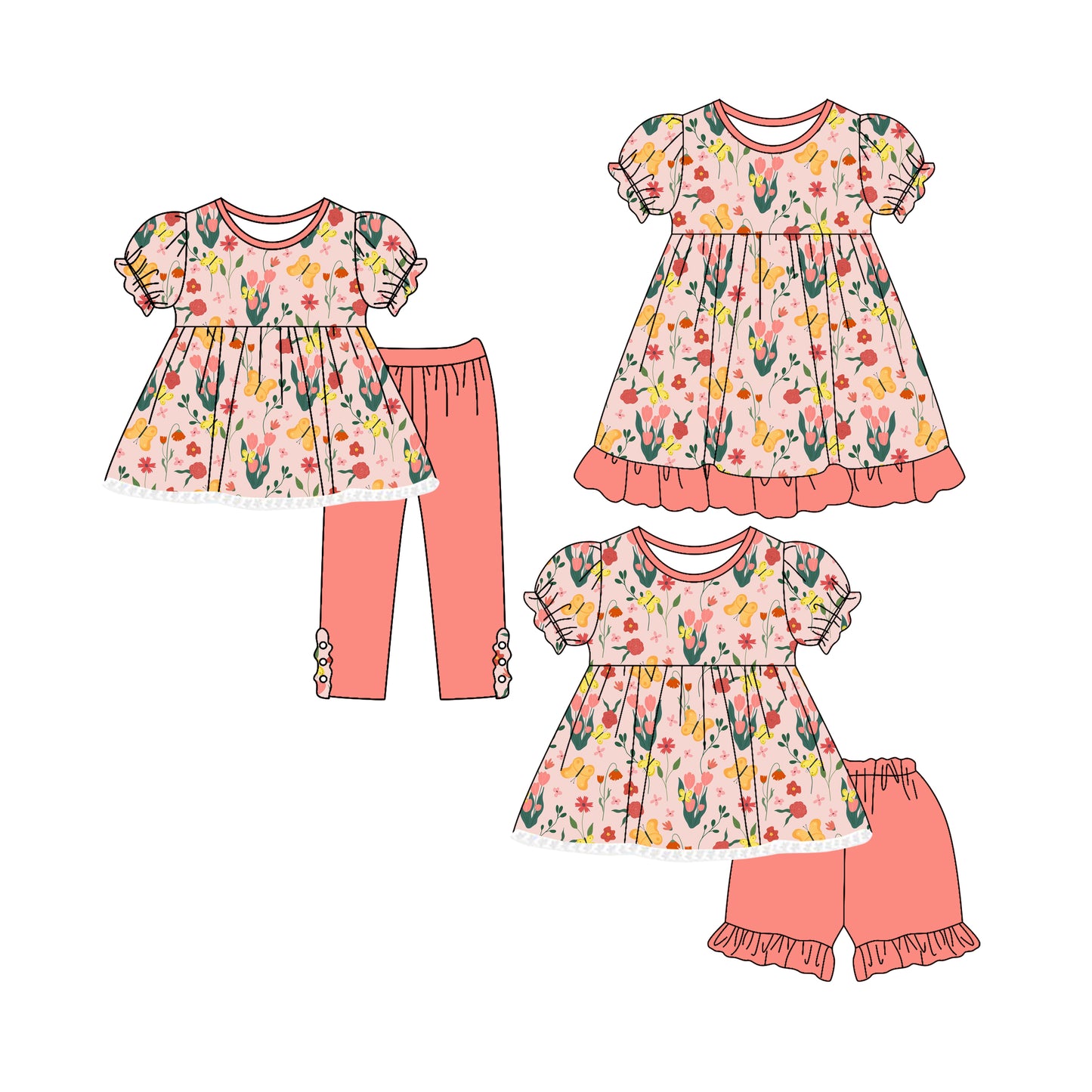 4.28 custom each style moq 5eta 4-6week Sibling Sisters floral baby short sleeve shorts sets and pants sets and dress match family design