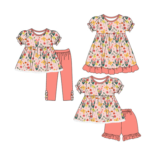 4.28 custom each style moq 5eta 4-6week Sibling Sisters floral baby short sleeve shorts sets and pants sets and dress match family design