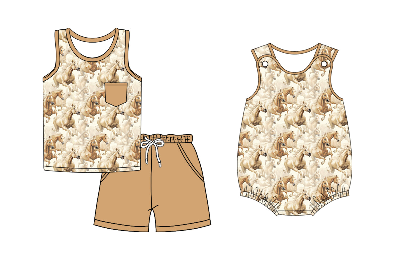 3.1 custom each style moq 5eta 4-6week Sibling Sister horse baby girl short sleeve shorts sets and romper match design
