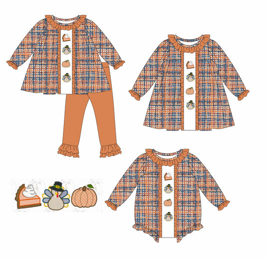 25.5.16 custom each style moq 5eta 4-6week Sibling Sisters pumpkin trukey baby girl long sleeve pants sets and dress and rompers match family design
