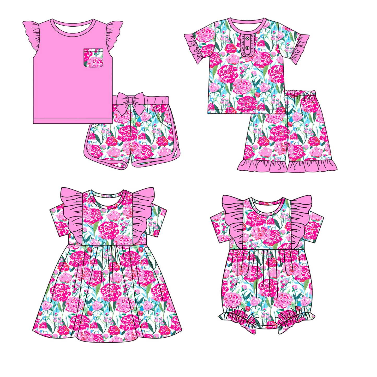 12.18 custom each style moq 5eta 4-6week Sibling Sister floral baby girl short sleeve shorts sets and sets 2 and girls romper and boy romper and dress match design
