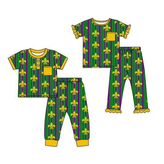 25.10.13 custom each style moq 5 eta 6-8week Sibling Sisters mardi gras baby boy short sleeve pants sets 2 match family design