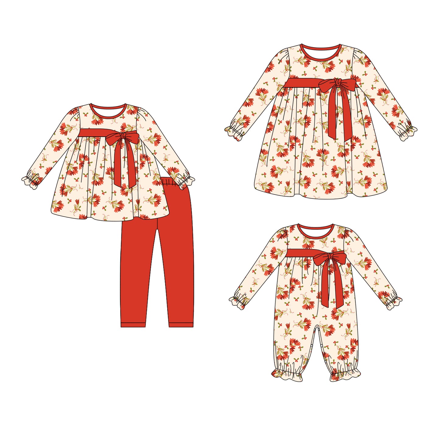 25.5.29 custom each style moq 5eta 4-6week Sibling Sisters Christmas bow baby girl long sleeve pants sets and dress and rompers match family design