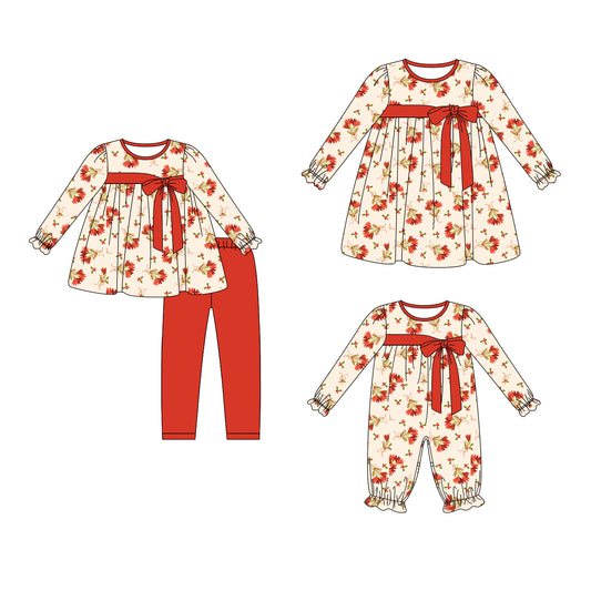 25.5.29 custom each style moq 5eta 4-6week Sibling Sisters Christmas bow baby girl long sleeve pants sets and dress and rompers match family design