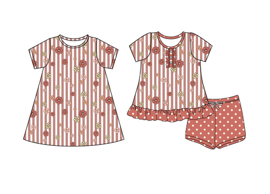 4.24 custom each style moq 5eta 4-6week Sibling Sister floral baby girl short sleeve shorts sets and dresses match design