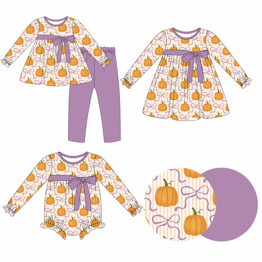 25.6.25 custom each style moq 5eta 4-6week Sibling Sisters pumpkin bow baby girl long sleeve pants sets and dress and rompers match family design