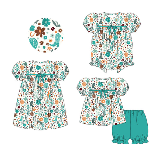 25.5.24 custom each style moq 5eta 4-6week Sibling Sisters boots floral baby girl short sleeve shorts sets and dress and rompers match family design