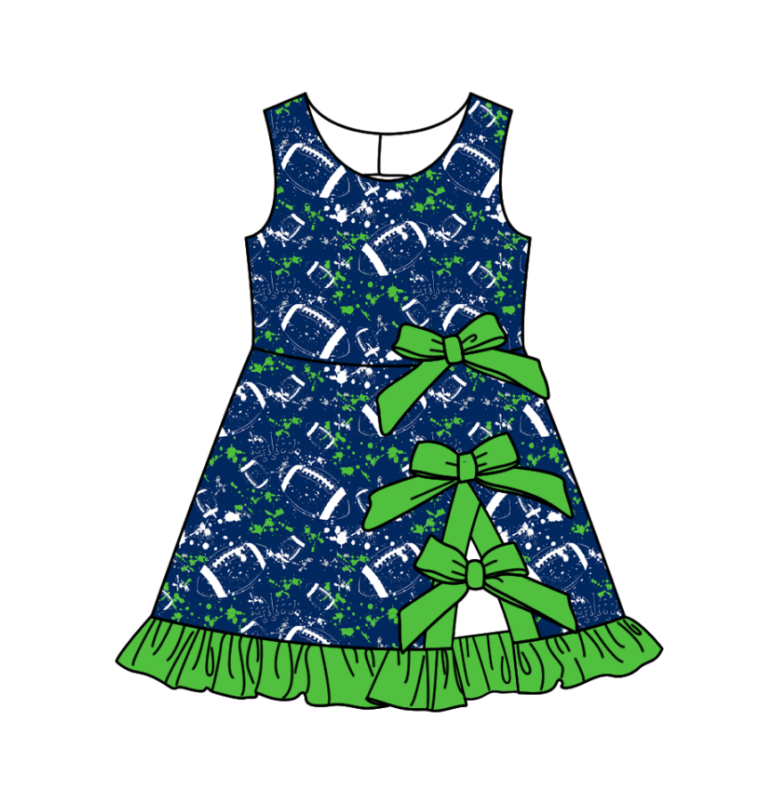 Custom moq 5 mix size milk silk summer teams Baby Girls Sleeveless Football Print Bow Ruffle Yoga Knee Length Dresses