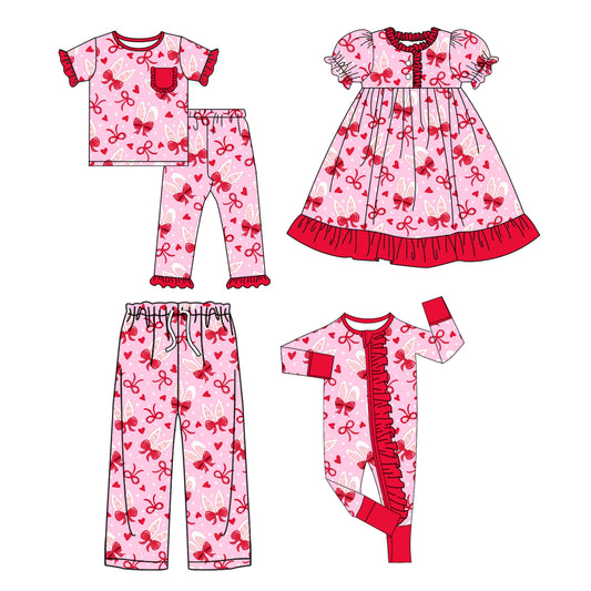 25.9.25 custom each style moq 8 eta 6-8week Sibling Sister bow baby short sleeve pants sets and romper and dress and adult pants match design