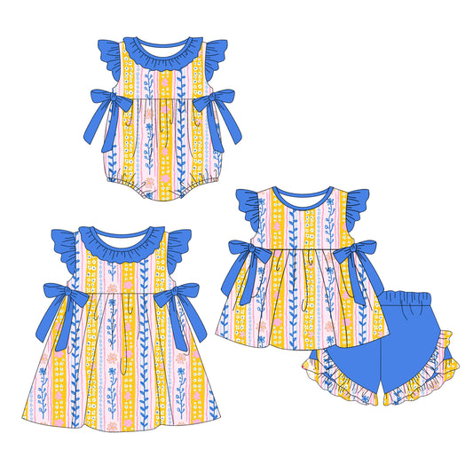 3.22 custom each style moq 5eta 4-6week Sibling Sisters floral baby girl short sleeve shorts sets and dress and rompers match family design