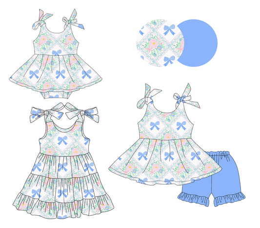 3.14 custom each style moq 5eta 4-6week Sibling Sisters bow floral baby girl short sleeve shorts sets and dress and rompers match family design