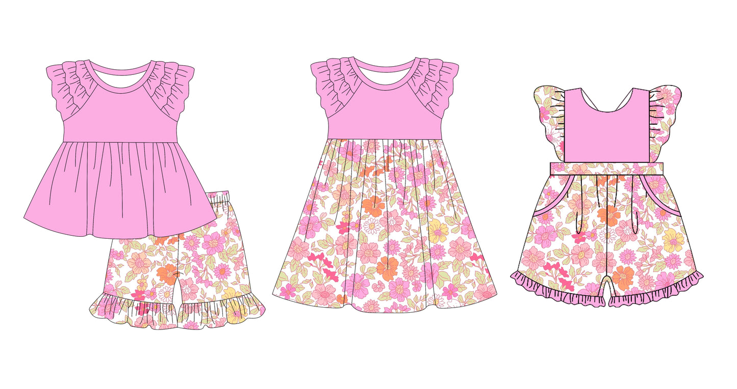 12.10 custom each style moq 5eta 4-6week Sibling Sister floral baby girl short sleeve shorts sets and dress and jumpsuits match family design