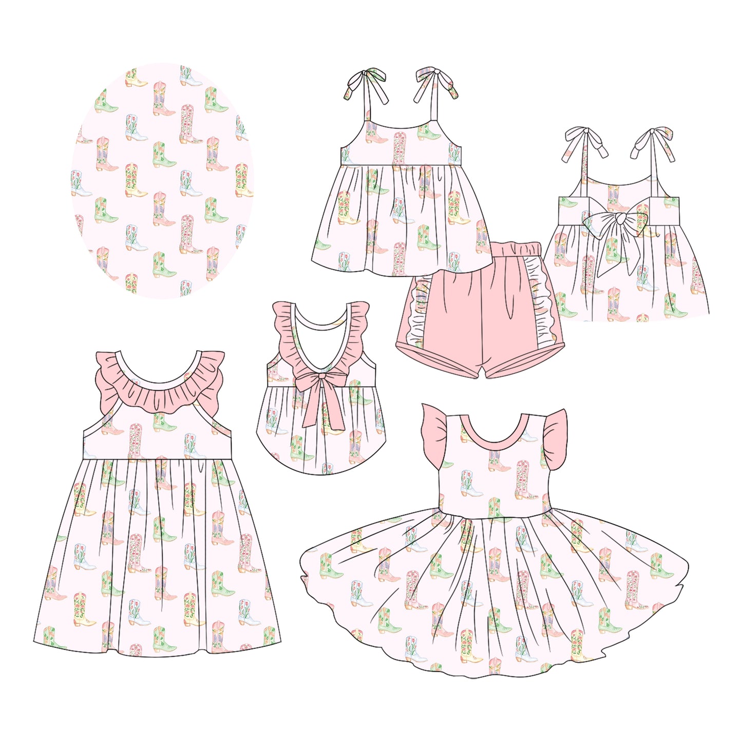 2.17 custom each style moq 5eta 4-6week Sibling Sister boots baby girl short sleeve shorts sets and dress and dress 2 match design