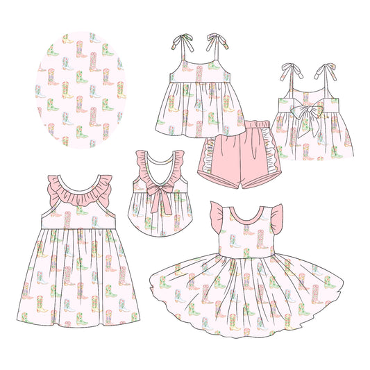 2.17 custom each style moq 5eta 4-6week Sibling Sister boots baby girl short sleeve shorts sets and dress and dress 2 match design