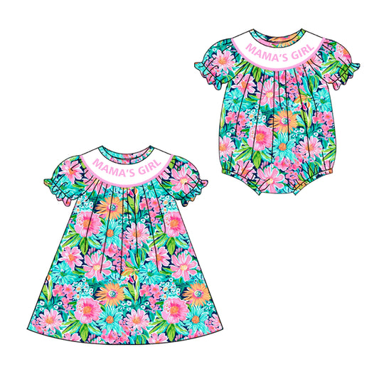 4.19 custom each style moq 5eta 4-6week Sibling Sisters MAMA GIRL floral baby girl short sleeve dress and rompers match family design