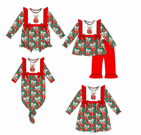 25.6.9 custom each style moq 5eta 4-6week Sibling Sisters Christmas trees bow red baby girl long sleeve pants sets and dress and rompers and nightgown match family design