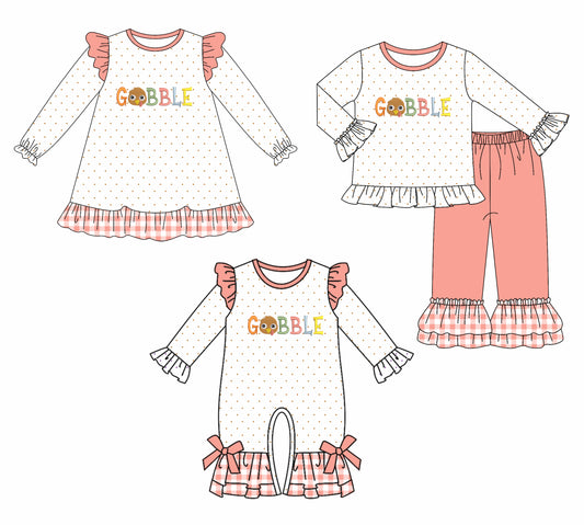 25.7.10 custom each style moq 5eta 4-6week Sibling Sisters GOBBLE baby girl long sleeve pants sets and dress and rompers match family design