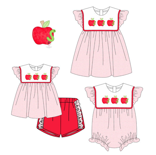 3.6 custom each style moq 5eta 4-6week Sibling Sisters apple bow baby girl short sleeve shorts sets and dress and rompers match family design