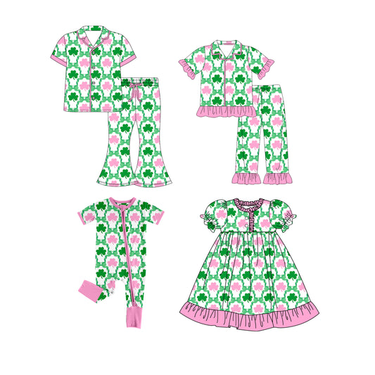 25.9.18 custom each style moq 8 eta 6-8week Sibling Sister green baby short sleeve pants seta and dress and romper and adult set match design