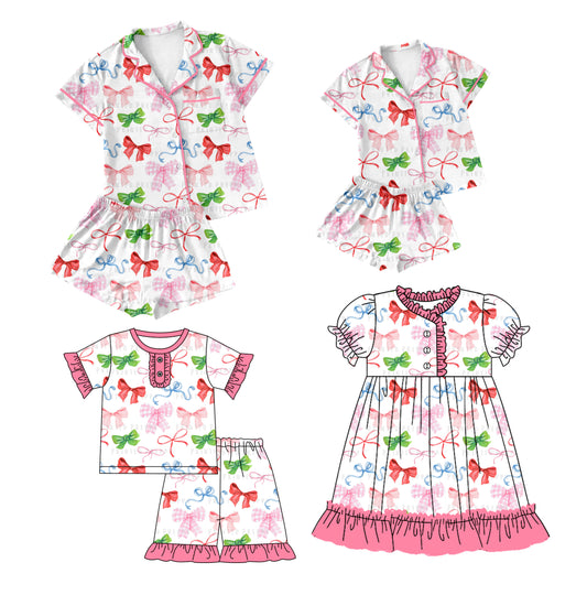 12.11 custom each style moq 5eta 4-6week Sibling Sister bow baby girls short sleeve shorts sets and adult sets and girls sets and dress match design
