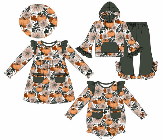 25.7.21 custom each style moq 5eta 4-6week Sibling Sisters pumpkin baby girl long sleeve pants sets and dress and rompers match family design
