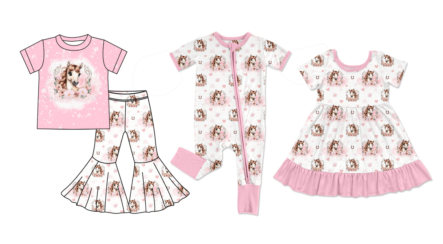 11.20 custom each style moq 5eta 4-6week Sibling Sister horse baby girl sets and dress and rompers match family design