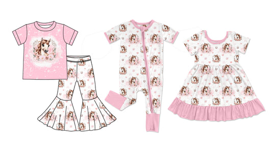 11.20 custom each style moq 5eta 4-6week Sibling Sister horse baby girl sets and dress and rompers match family design