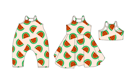 3.20 custom each style moq 5eta 4-6week Sibling Sisters watermelon baby girl short sleeve dress and rompers match family design