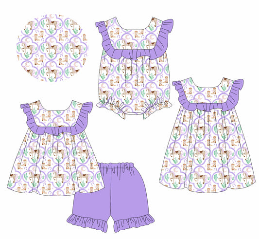 3.21 custom each style moq 5eta 4-6week Sibling Sisters horse boots baby girl short sleeve shorts sets and dress and rompers match family design