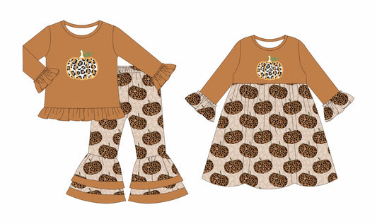 25.7.23 custom each style moq 5eta 4-6week Sibling Sisters pumpkin baby girl long sleeve pants sets and dress match family design