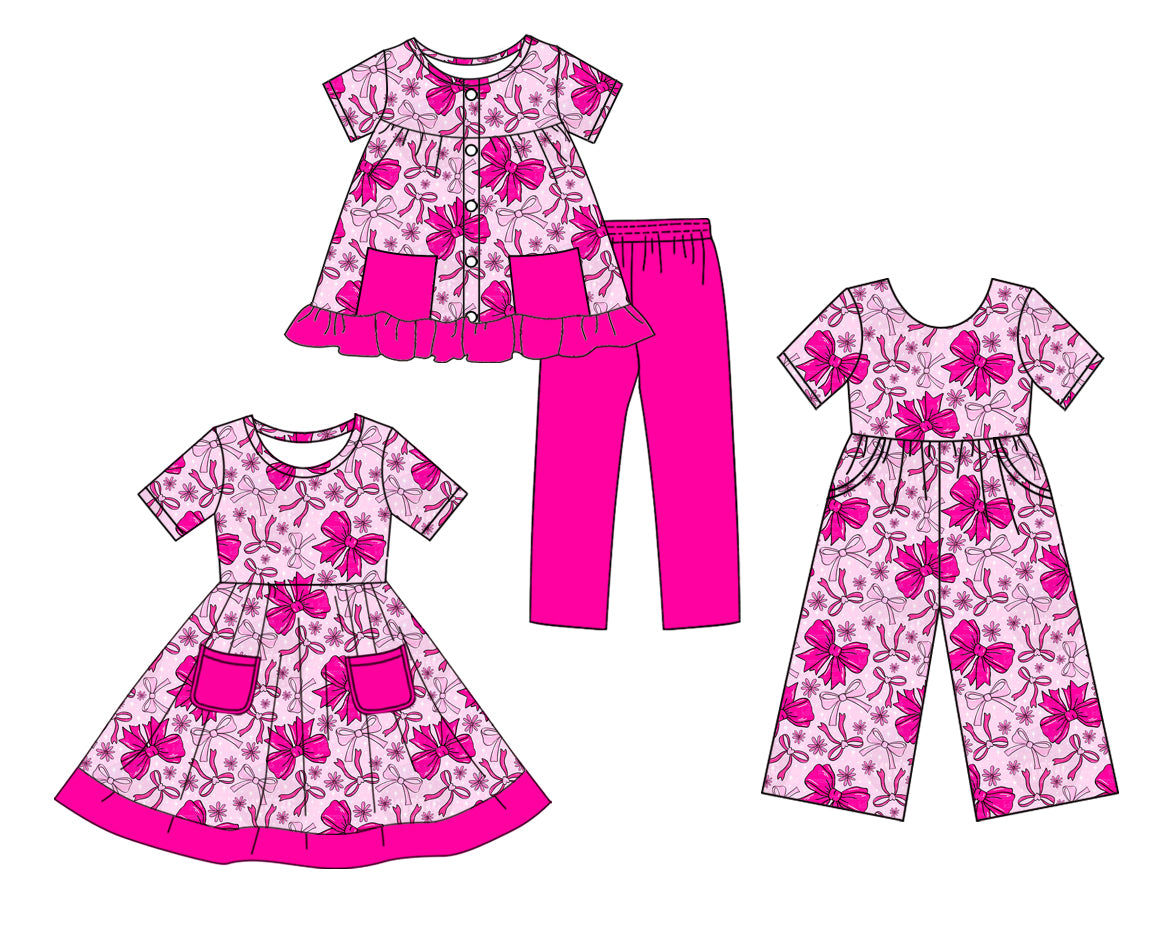 25.10.4 custom each style moq 8 eta 6-8week Sibling Sisters bow baby girl short sleeve shorts sets and dress and jumpsuit match family design