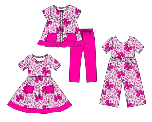 25.10.4 custom each style moq 8 eta 6-8week Sibling Sisters bow baby girl short sleeve shorts sets and dress and jumpsuit match family design