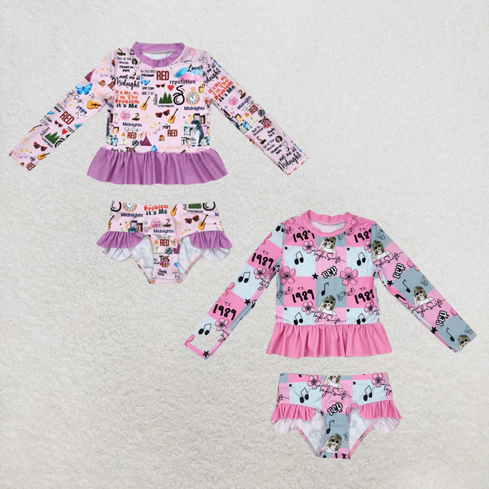 RTS NO MOQ Sibling Baby Girls Summer Long Sleeve Singer Purple Top Bummie Swimsuits