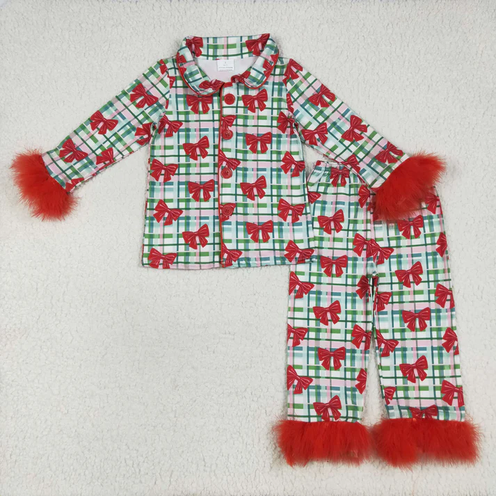 RTS NO MOQ Sibling baby girl clothes Christmas bow Plush long sleeve pants Sets