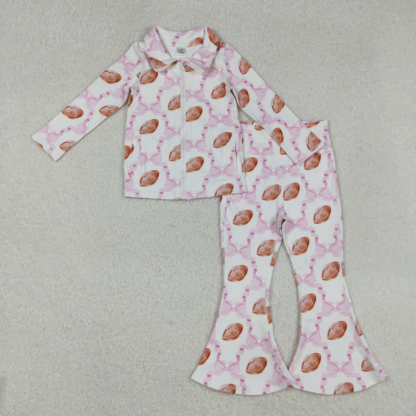 RTS NO MOQ（In Stock) GT1088+P0780 Rugby Pink Bow Patterned Yoga Zipper Long-Sleeved Top Pants set