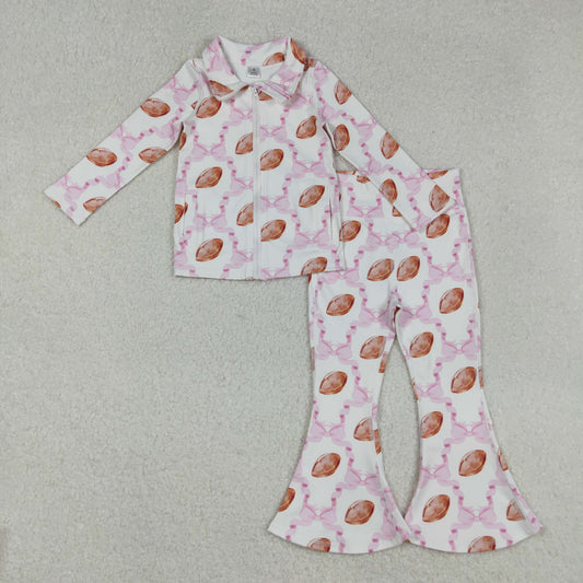 RTS NO MOQ（In Stock) GT1088+P0780 Rugby Pink Bow Patterned Yoga Zipper Long-Sleeved Top Pants set