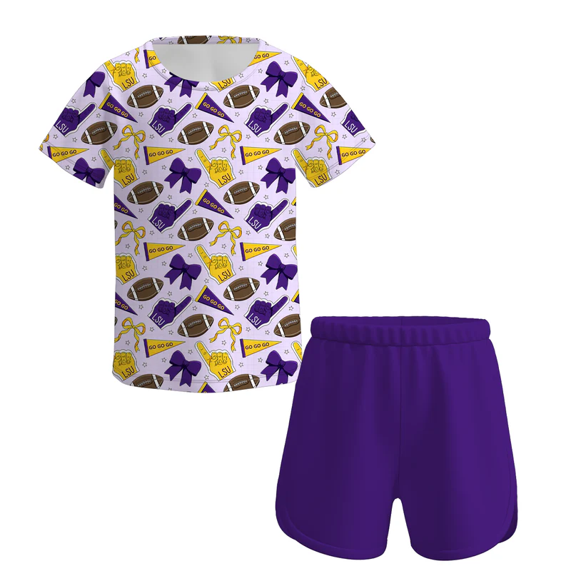 Custom moq 5 each style eta 6-7weeks baby boy and girl clothes team bow short sleeve shorts suits