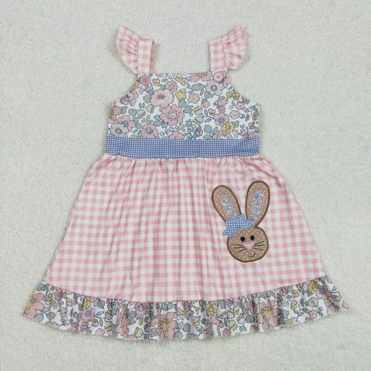 RTS NO MOQ ETA 5/7days Arrived GSD0593 Flower lace embroidered bow rabbit pink and white plaid flying sleeve dress