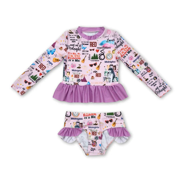 RTS NO MOQ Sibling Baby Girls Summer Long Sleeve Singer Purple Top Bummie Swimsuits