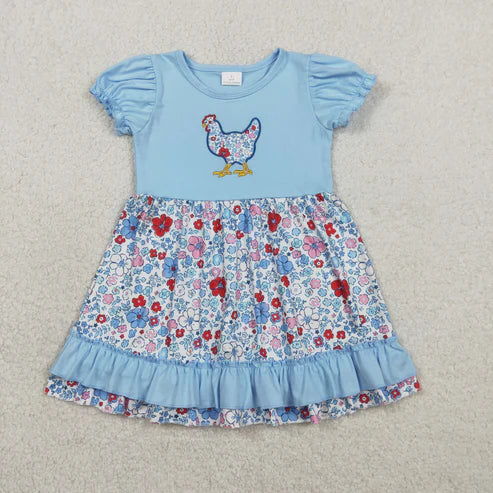 RTS NO MOQ Sibling Baby Girls Floral Embroidery Chick Ruffle Pants Farm Themed Knee-Length Dress Set Cute Children's Outfit
