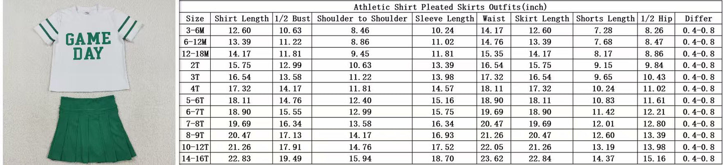 RTS NO MOQ（In Stock) GT1103+GLK0126 Game Day White short-sleeved yoga top with offset green lettering and stripes Solid green yoga skirt set