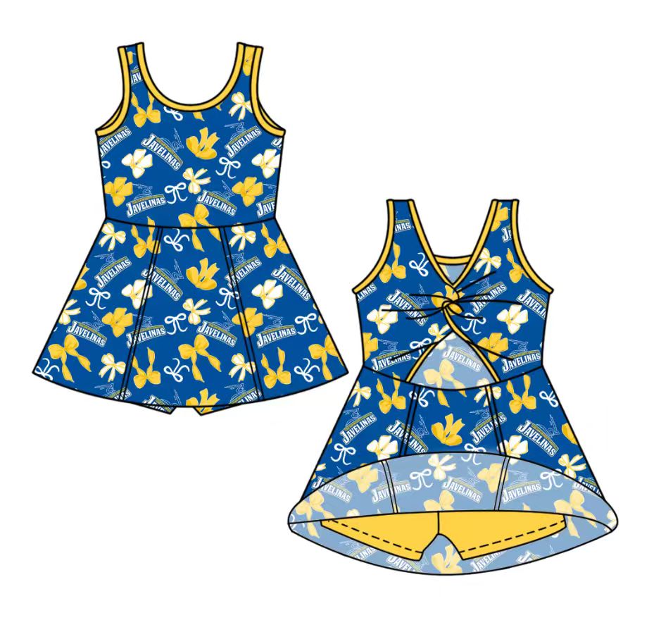 custom moq 5 mix size NB020624 Baby Girls Bow Printed Team Sleeveless Knee Skort Dresses Yoga Active Outfits