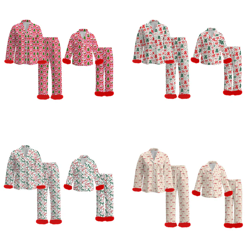 Custom moq 5 each style eta 6-7weeks Christmas bow baby girl long sleeve pant sets and adult sets