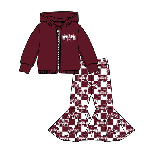 Custom moq 5 mix size milk silk summer teams baby girl clothes dark red hooded long sleeve pants sets-25.11.3