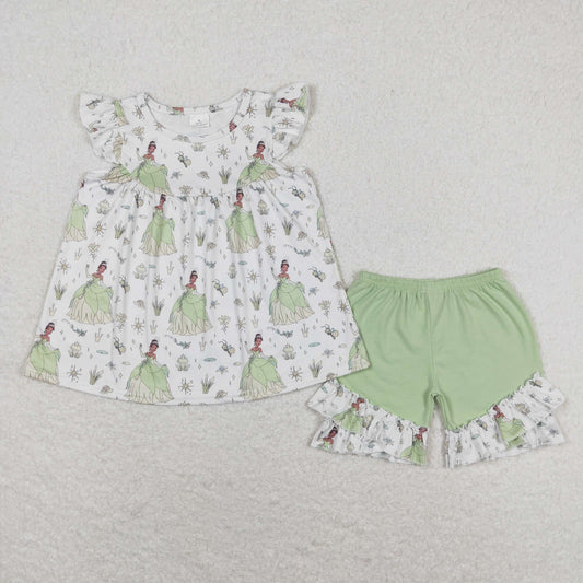 Cute Clothes  GSSO0911 Baby Girls Green Tunic Ruffle Shorts Clothes Sets