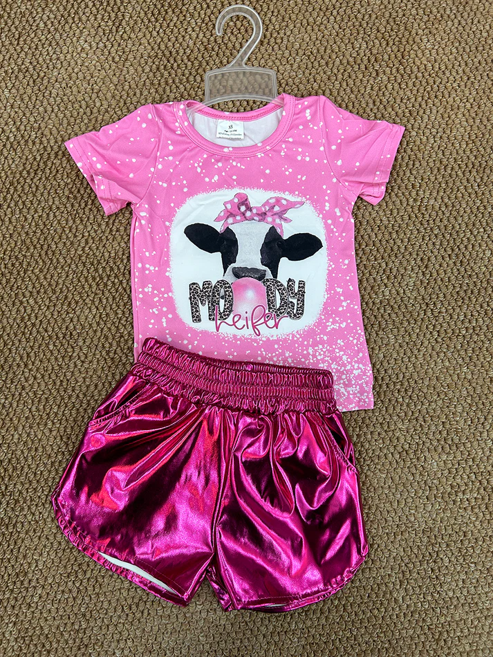 RTS NO MOQ ETA 5/7days Arrived GT0128+SS0412 Girls MOODY pink bull head short-sleeved top Shiny leather dark purple shorts