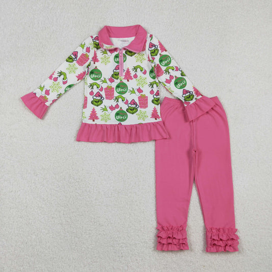 RTS NO MOQ（In Stock) GLP2734 Cartoon Christmas Tree Gift Snowflake White Zipper Long Sleeve Rose Red Lace Trousers Set